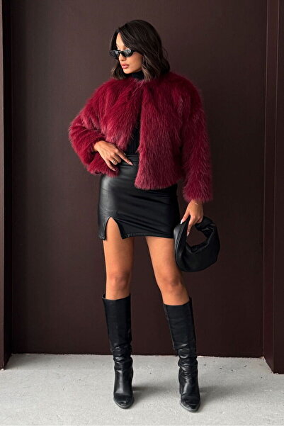 Caddebostan Moda Burgundy Women's Faux Fur Jacket Modern Premium Luxury Trend Design Coat