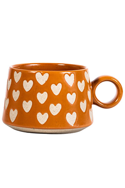 ONLY MUGS Lovebrew Ceramic Mug – Heart Pattern, Brick Brown – 280 ml