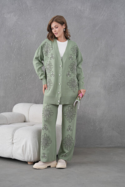 Miss Allos Women's Beaded Wide-Fit Knitwear Cardigan and Pants Bottom-Top Set