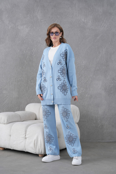 Miss Allos Women's Beaded Wide-Fit Knitwear Cardigan and Pants Bottom-Top Set