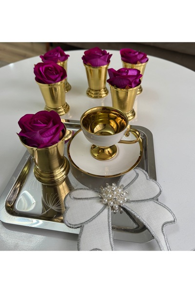 Elzemm store Decorative Gold Plated Rose Bowl Includes 6 Fuchsia Color Roses