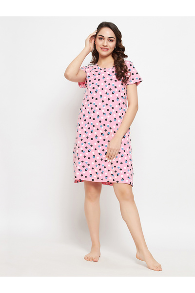 iza Dot Print Short Night Dress in Baby Pink – 100% Cotton
