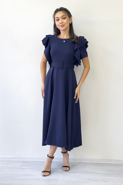 thezkscom Kadın Omuz Fırfır Detaylı Kemerli Midi Boy Elbise Siyah, Lacivert, Bordo