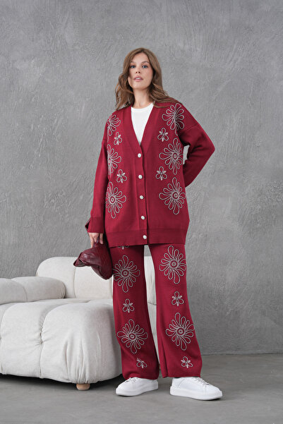 Miss Allos Women's Beaded Wide-Fit Knitwear Cardigan and Pants Bottom-Top Set