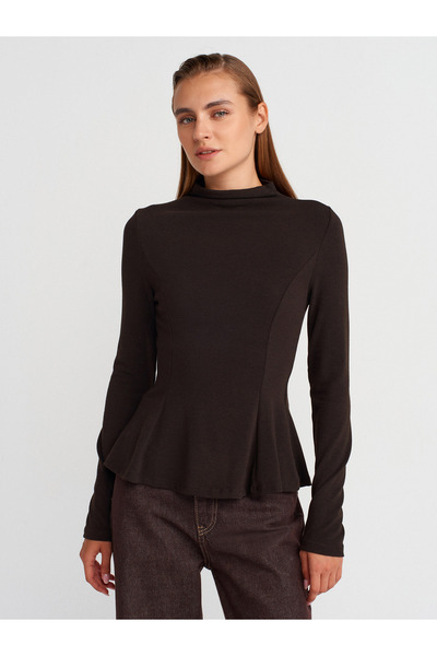 Dilvin 32038 Uzun Kollu Peplum Top-Koyu Kahve