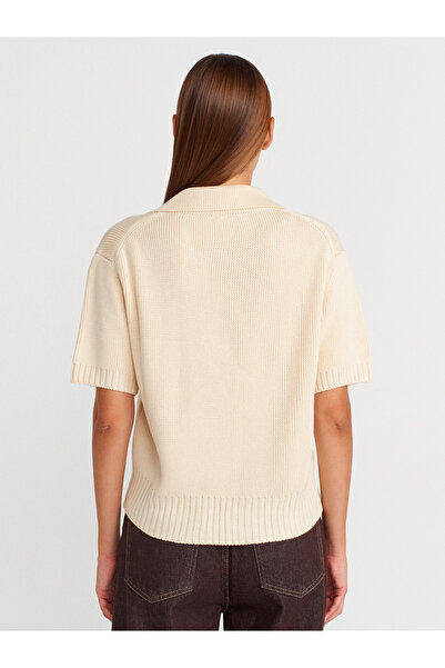 Dilvin 10809 Polo Neck Bow Knit Sweater-Ecru