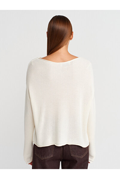 Dilvin 10804 Boat Neck Draped Knitwear Sweater-Ecru