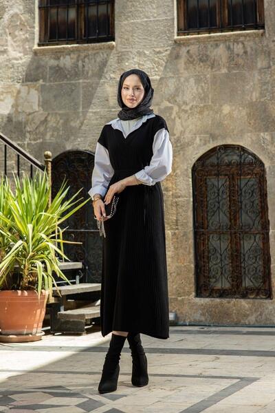 Hazamoda Ermes Gömlek Detaylı Elbise Siyah KEMERSİZ