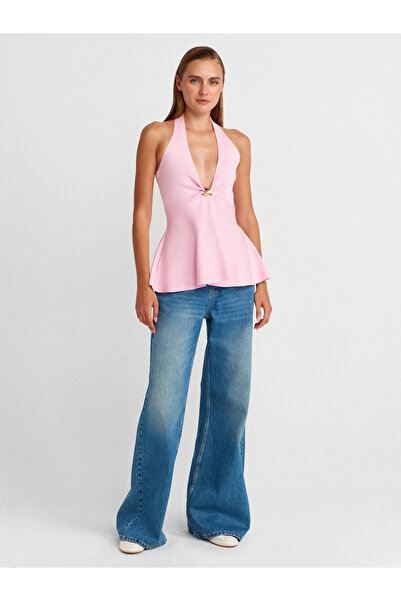 Dilvin 10787 Halter Yaka Metal Detaylı Peplum Triko Bluz-Pembe