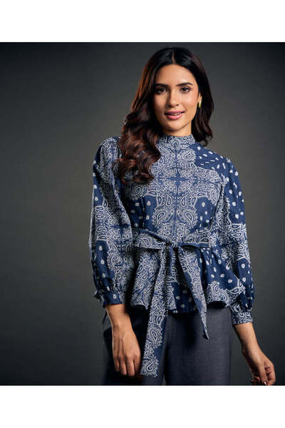Zigzag Blue And White Printed Peplum Top