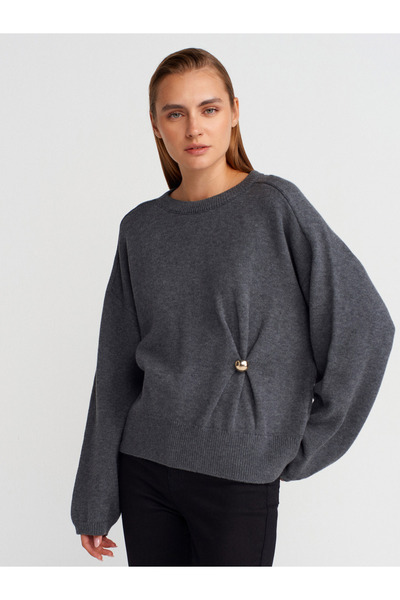 Dilvin 10812 Crew Neck Drawstring Button Detailed Wool Knit Sweater-Smoked M.