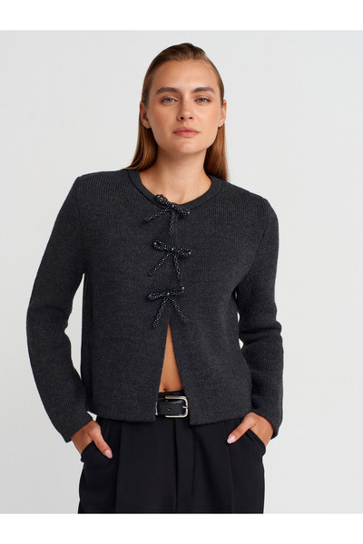 Dilvin 60983 Knitwear Cardigan with Pearl Bow Accessories-Anthracite