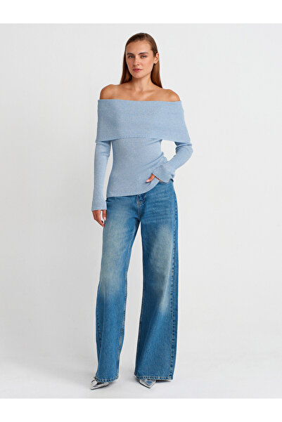 Dilvin 10808 Pulover tricotat cu sclipici cu guler Bardot-albastru