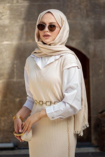 Şulemoda Giyim Muallim Sleeve Collar Shirted Ribbed Dress Cream