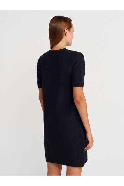 Dilvin 90257 Crew Neck Wool Blend Knitwear Dress-Black