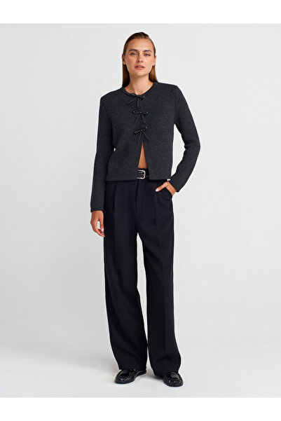 Dilvin 60983 Knitwear Cardigan with Pearl Bow Accessories-Anthracite