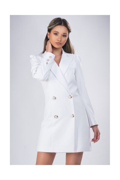 OPHIRA Short White Dress, Blazer Style, with Pearl Buttons