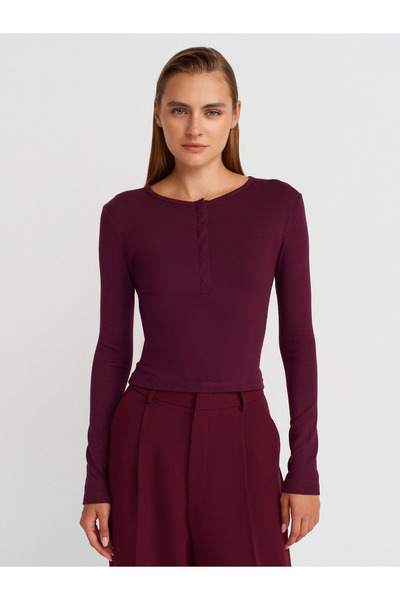 Dilvin 31442 Long Sleeve Snap Button Top-Burgundy