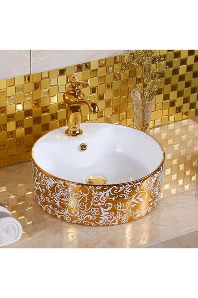 Lumini de Poveste Lavoar pe blat, Ceramica, Auriu, Alb, Rotund, Motive LDPG406