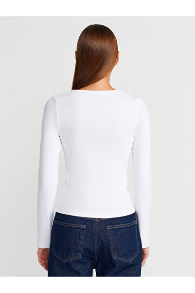 Dilvin 31993 Zipper Detailed Long Sleeve Top-White