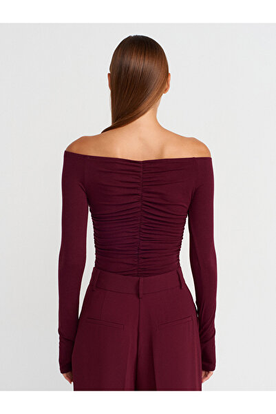 Dilvin 32089 Φόρεμα με κορδόνια χωρίς ώμους-μπορντό
