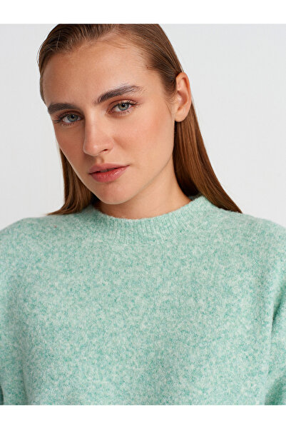 Dilvin 10640 Πλεκτό πουλόβερ με μαλακή υφή με λαιμόκοψη-Μέντα