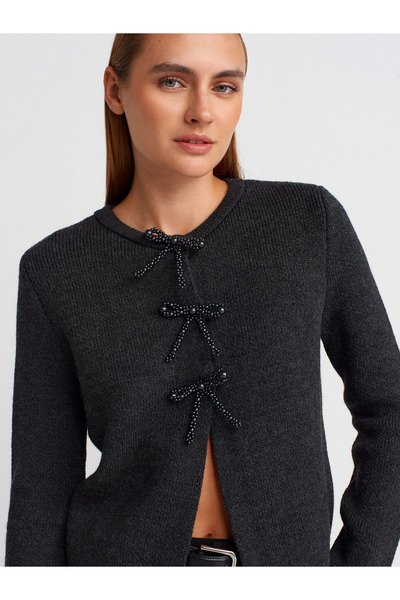 Dilvin 60983 Knitwear Cardigan with Pearl Bow Accessories-Anthracite