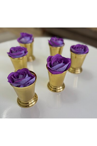 SEVA ÇELİK Decorative Gold Plated Rose Bowl Includes 6 Purple Roses