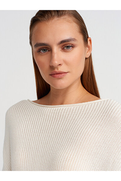 Dilvin 10804 Boat Neck Draped Knitwear Sweater-Ecru