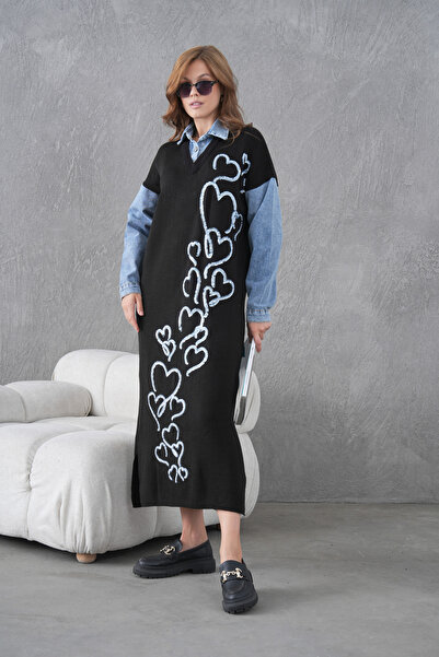 Miss Allos Rochie lungă din tricot pentru femei, cu mâneci din denim, cu perl...