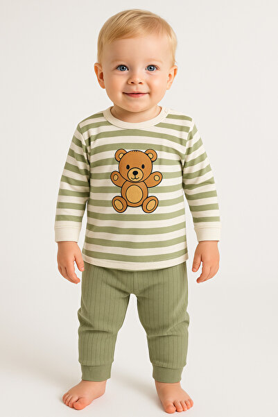 dinamik çocuk Baby Boy Striped Teddy Bear Patterned 2-Piece Set Top and Bottom / 3-12 Months