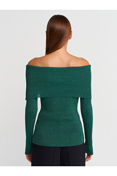 Dilvin 10808 Bardot Yaka Fitilli Simli Triko Kazak-Zümrüt