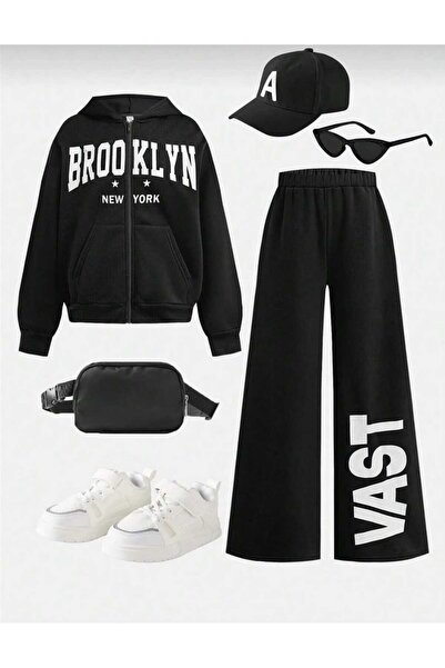 Kids VAST Baskılı Siyah Kapüşonlu Kız Çocuk Alt-Üst takım