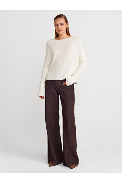 Dilvin 10804 Boat Neck Draped Knitwear Sweater-Ecru