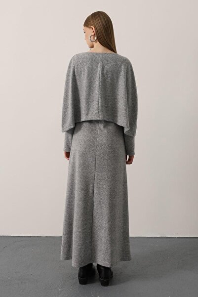 VAGGON Women's Gray Cape Detailed Long Sleeve Soft Knitwear Maxi Dress Vs01150