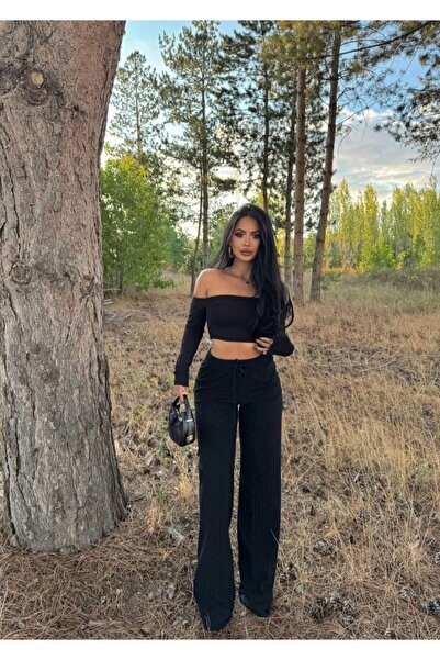 Chicup Aura Women's Black Thick Ribbed Wide Leg Knit Pants