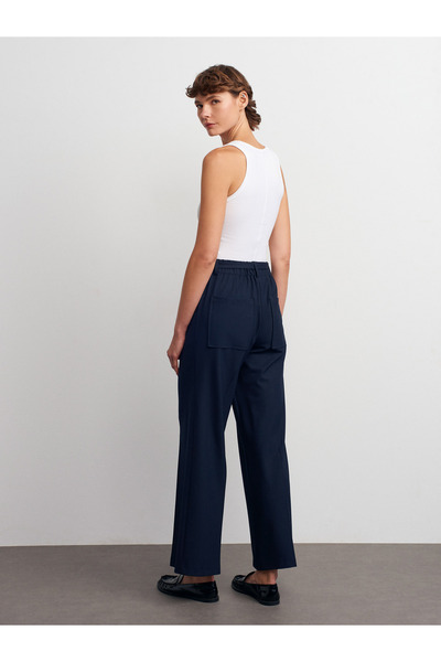 Dilvin 72180 Belted Wide Leg Trousers-Navy Blue