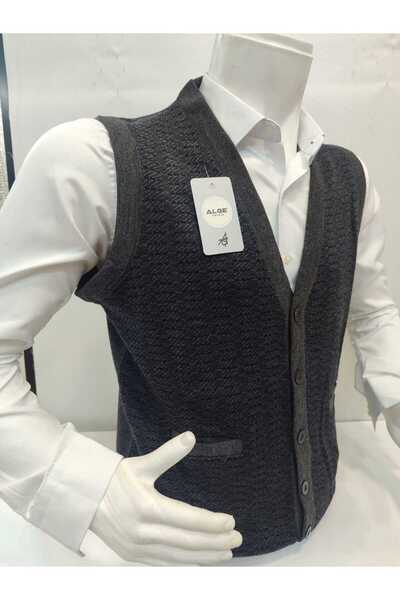 ALGE TRİKO Güncüoğlu Steel Knitted Buttoned Anti-Pilling Men's Knit Vest