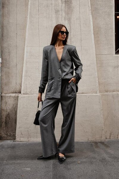 VAGGON Button Closure Lace Detailed Striped Palazzo Pants