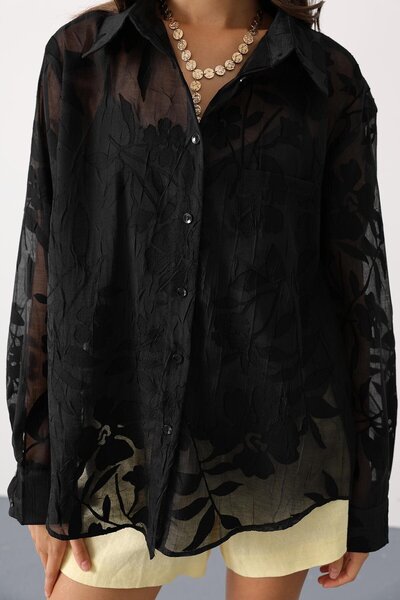 VAGGON Γυναικείο μαύρο πουκάμισο με λουλουδάτο σχέδιο με διάφανη υφή oversized μακρυμάνικο πουκάμισο και σετ εσώρουχο Vs01135