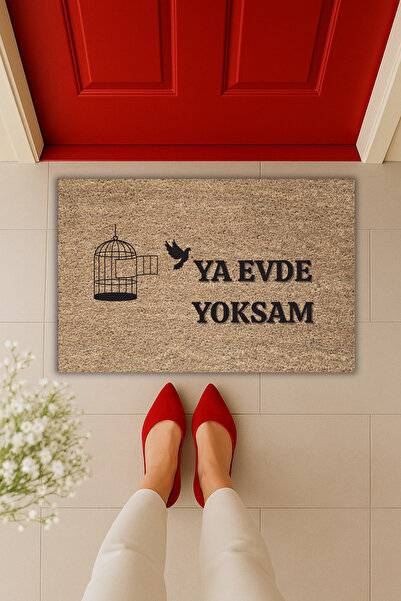 Dormot Yüksek Kaliteli Modern Dijital Baskı - Kafesten Kaçan Kuşlu Ya Evde Yoksam Yazılı Kapı Önü Paspası