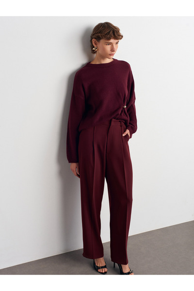 Dilvin 7954 High Waist Trousers-Burgundy