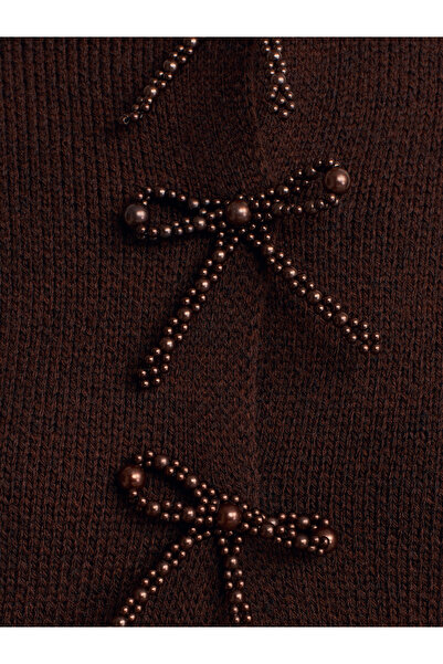 Dilvin 60983 Knitwear Cardigan with Pearl Bow Accessories-Brown