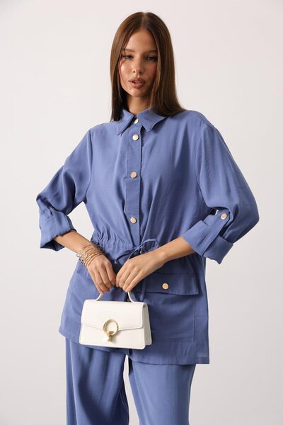 VAGGON Women's Indigo Gold Button Detailed Shirt Blouse and Palazzo Pants Set Vs01140