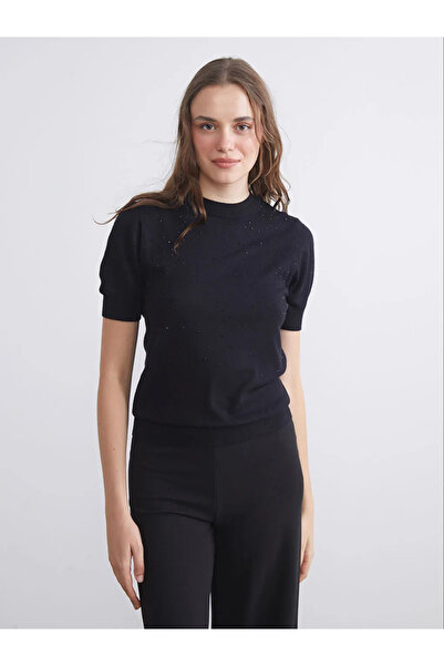 LC Waikiki Γυναικείο πλεκτό πουλόβερ LCW Comfort Black Crew Neck Stone