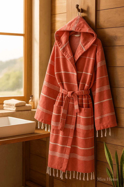 Mira Home رداء حمام شاطئي مخطط بغطاء للرأس للجنسين، مصنوع من القطن بنسبة 100%...