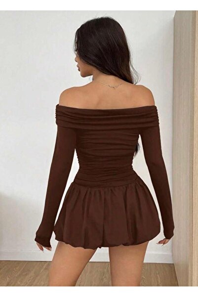 MEGOMEL Kadın Madonna Yaka Balon Etek Mini Elbise