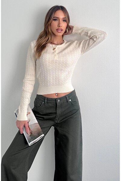 fujya Open Neck Knitted Purry Knitwear Blouse Cream