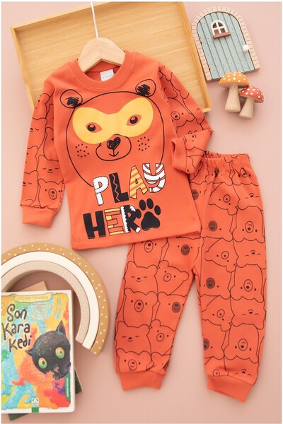 BEBENAZ Children's Cotton Pajama Set with Colorful Mask Teddy Bear