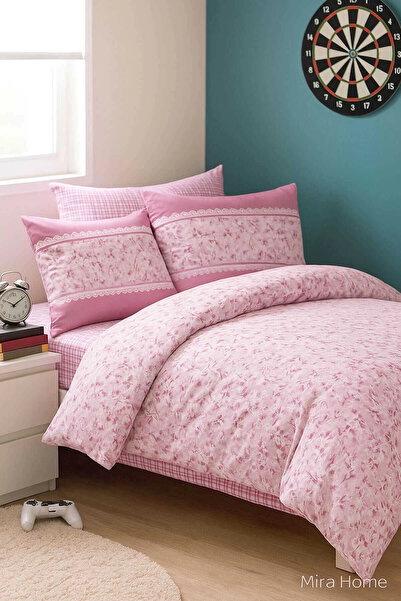 Mira Home Pink Floral Patterned Cotton Single Duvet Cover Set